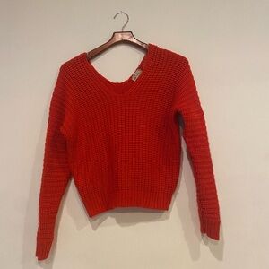 Women's Poof Apparel Red V Neck Knit Crop Top Sweater Large